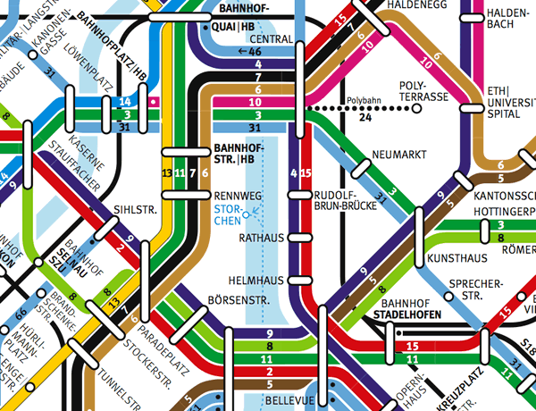 Ausschnitt aus dem Netz der Zürcherischen Verkehrsbetriebe; Klicke auf Bild für gesamtes Liniennetz! Ausschnitt aus dem Netz der Zürcherischen Verkehrsbetriebe; Klicke auf Bild für gesamtes Liniennetz!