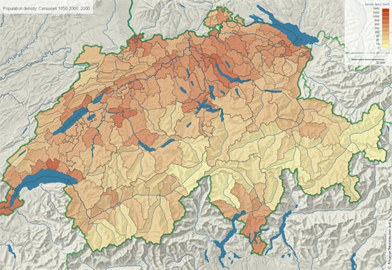 Bevölkerungsdichte der Schweiz auf Bezirksebene